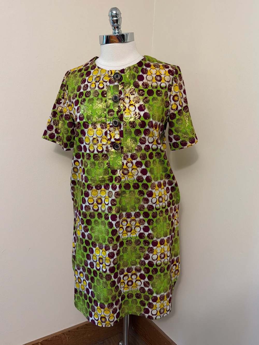 The Oula Company Colorful Wax Print Fabric Button Front Dress S